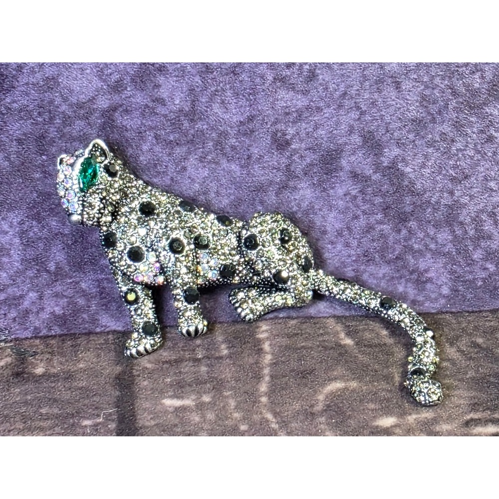 Rhinestone Leopard Brooch Silver Tone Black Spotted Panther Green Eye Pin 4"